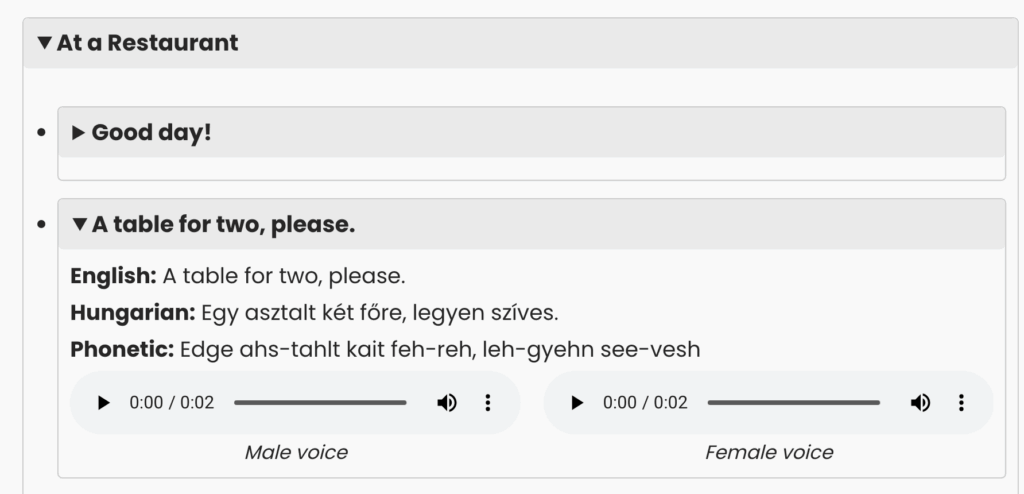 Screenshot of the Hungarian phrase tool showing expanded categories and audio buttons for male and female voices.