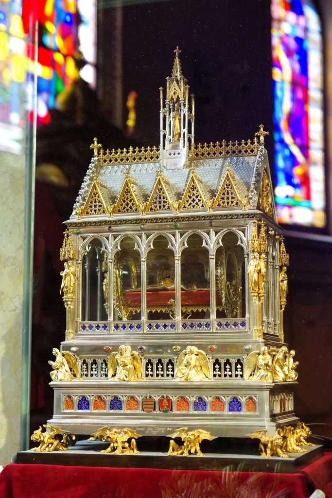The mummified right hand of St. Stephen displayed in an ornate gold and silver reliquary at St. Stephen’s Basilica in Budapest.