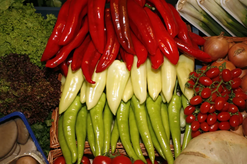 Red white green colored peppers on a market stall - symbolizing the hungarian flag
