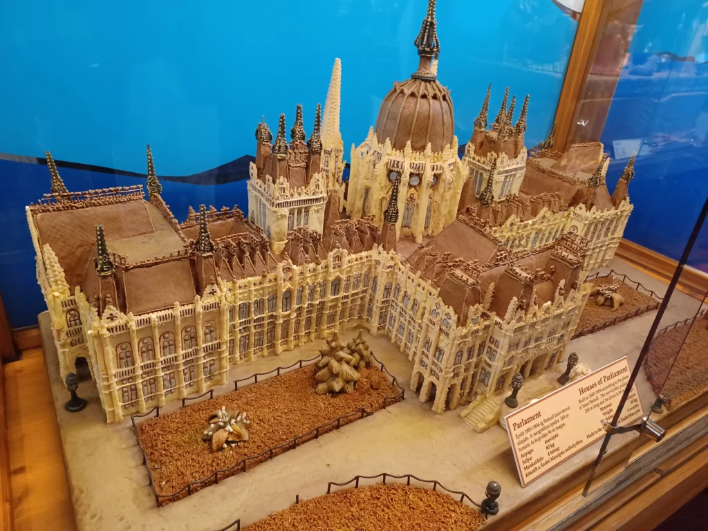 Intricate marzipan replica of the Hungarian Parliament Building on display at the Szentendre Marzipan Museum, complete with detailed towers and a courtyard.