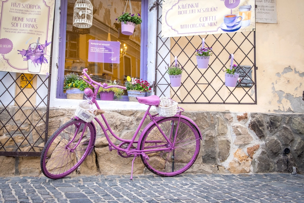A vintage purple bicycle decorated with flower baskets leans against the lavender-themed storefront of a Szentendre café offering organic coffee and homemade drinks and ice cream.