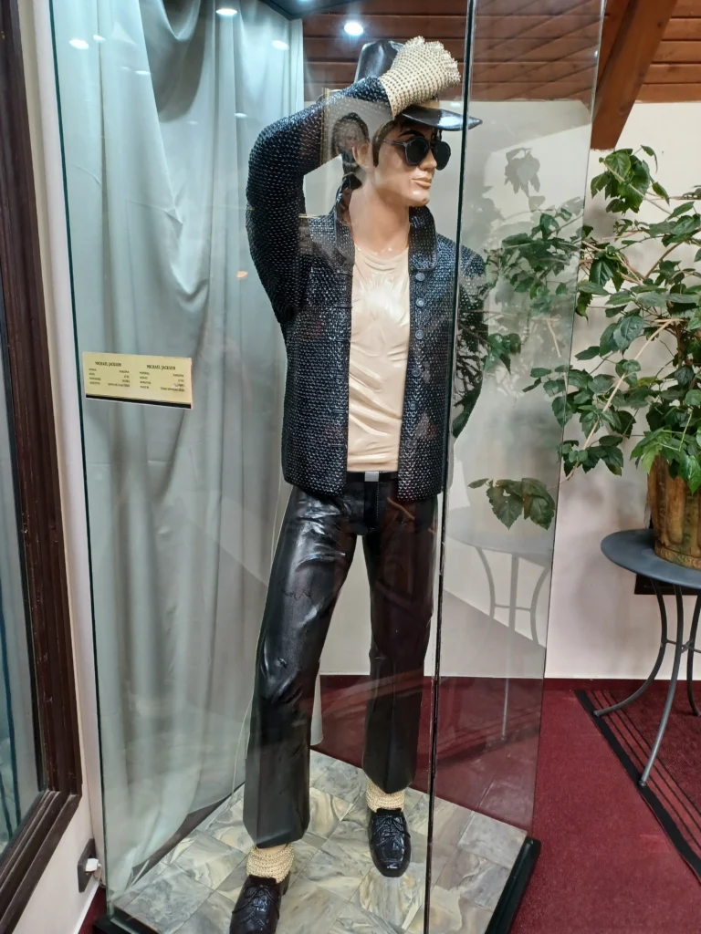 Life-size marzipan sculpture of Michael Jackson at the Szamos Marzipan Museum in Szentendre, dressed in signature black jacket, hat, and sequined glove.