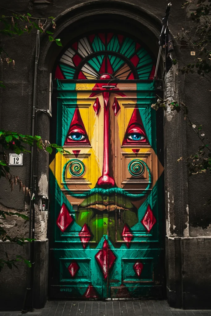 Striking face-themed street art on a doorway by artist V01D, located on Kazinczy utca in Budapest's Jewish Quarter