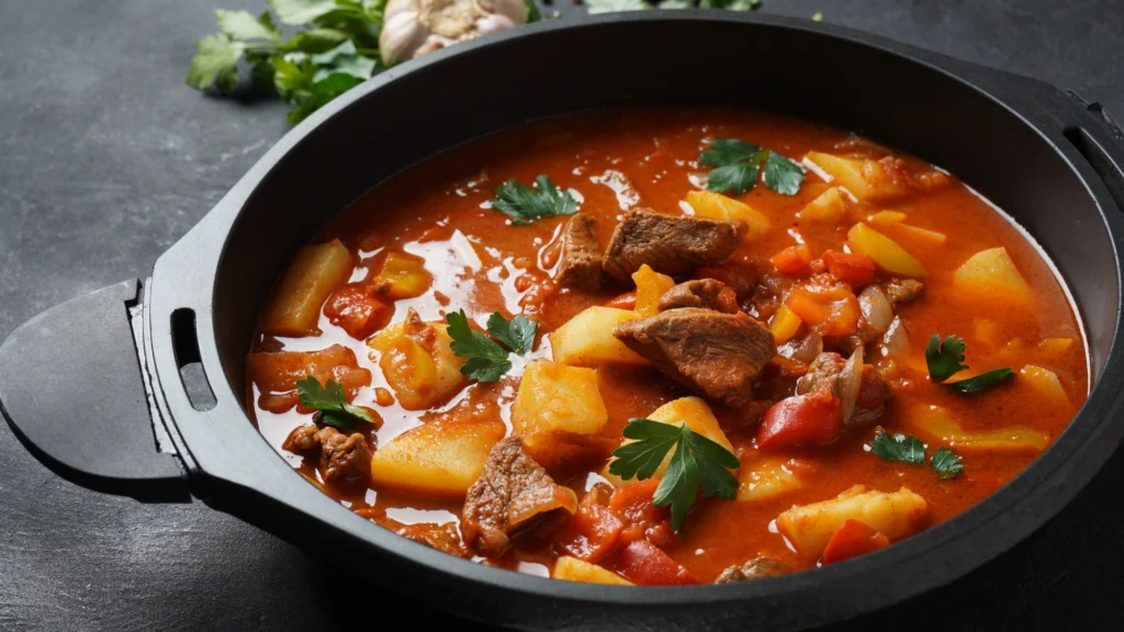 Traditional Hungarian goulash soup in a rustic black pot, with tender beef, potatoes, and paprika-rich broth, representing one of Hungary’s most famous national dishes.